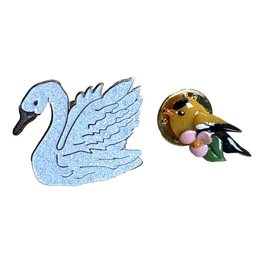 2a- Lot Of 2 Bird Pins / Swan/ Yellow Bird